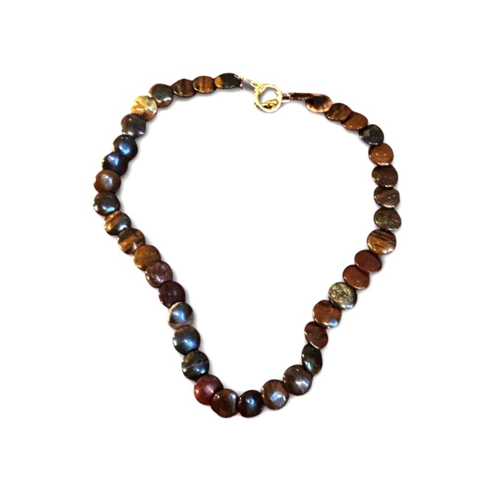 Tigers Eye Beaded Necklace Artisan jewelry Flat Disc Beads Choker Boho Bohemian